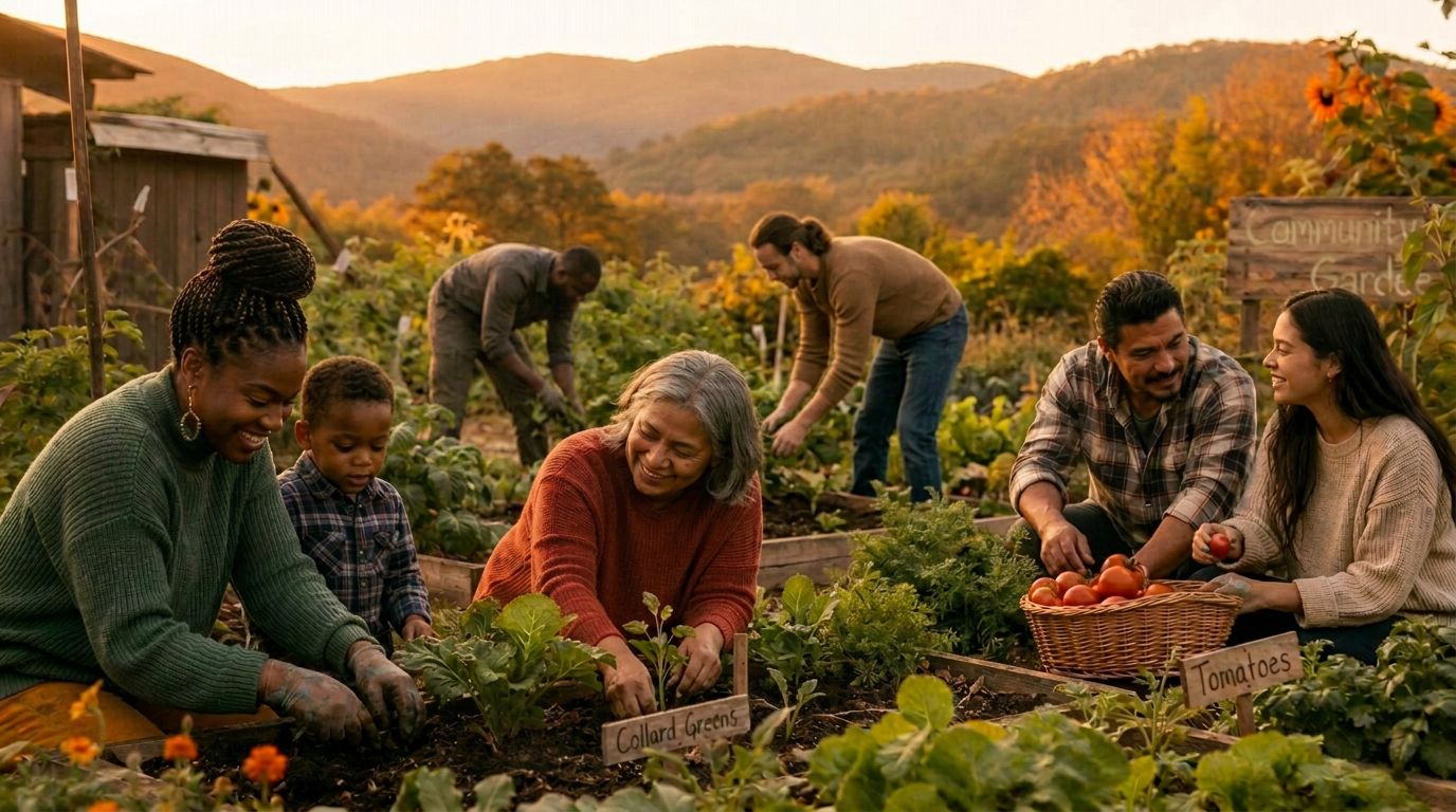Community garden in Western North Carolina at golden hour